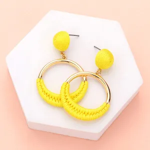 Yellow Thread Wrapped Open Circle Fun Fashion Earrings | Headshot Earrings | Runway Earrings |  612247
