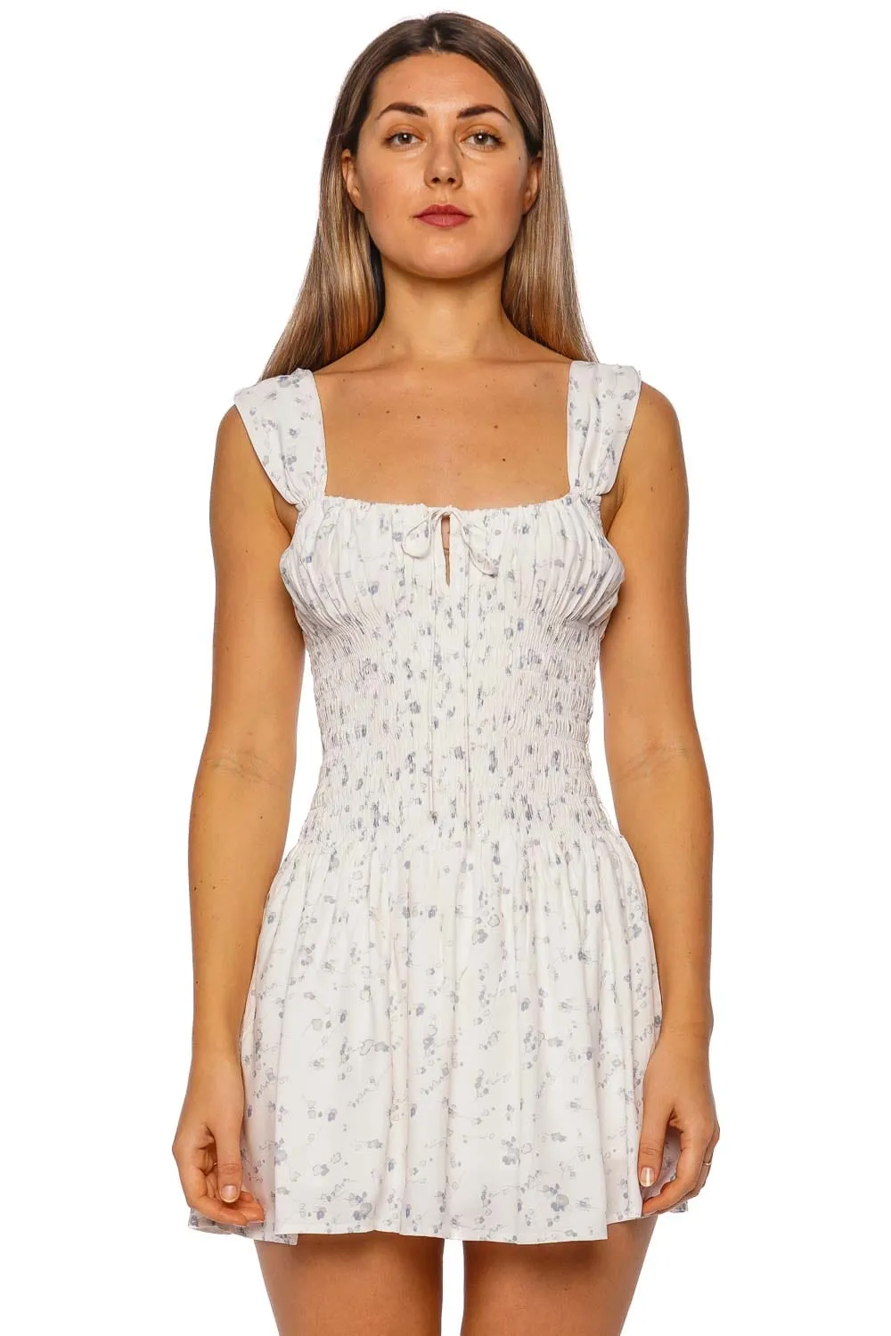 Yerres Blue Floral Shirred Mini Dress