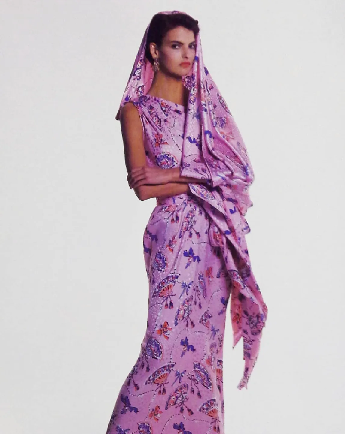 Yves Saint Laurent Spring 1987 One Shoulder Blue Print Dress w Full Length Dropped Panel