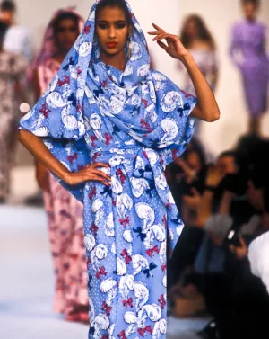 Yves Saint Laurent Spring 1987 One Shoulder Blue Print Dress w Full Length Dropped Panel